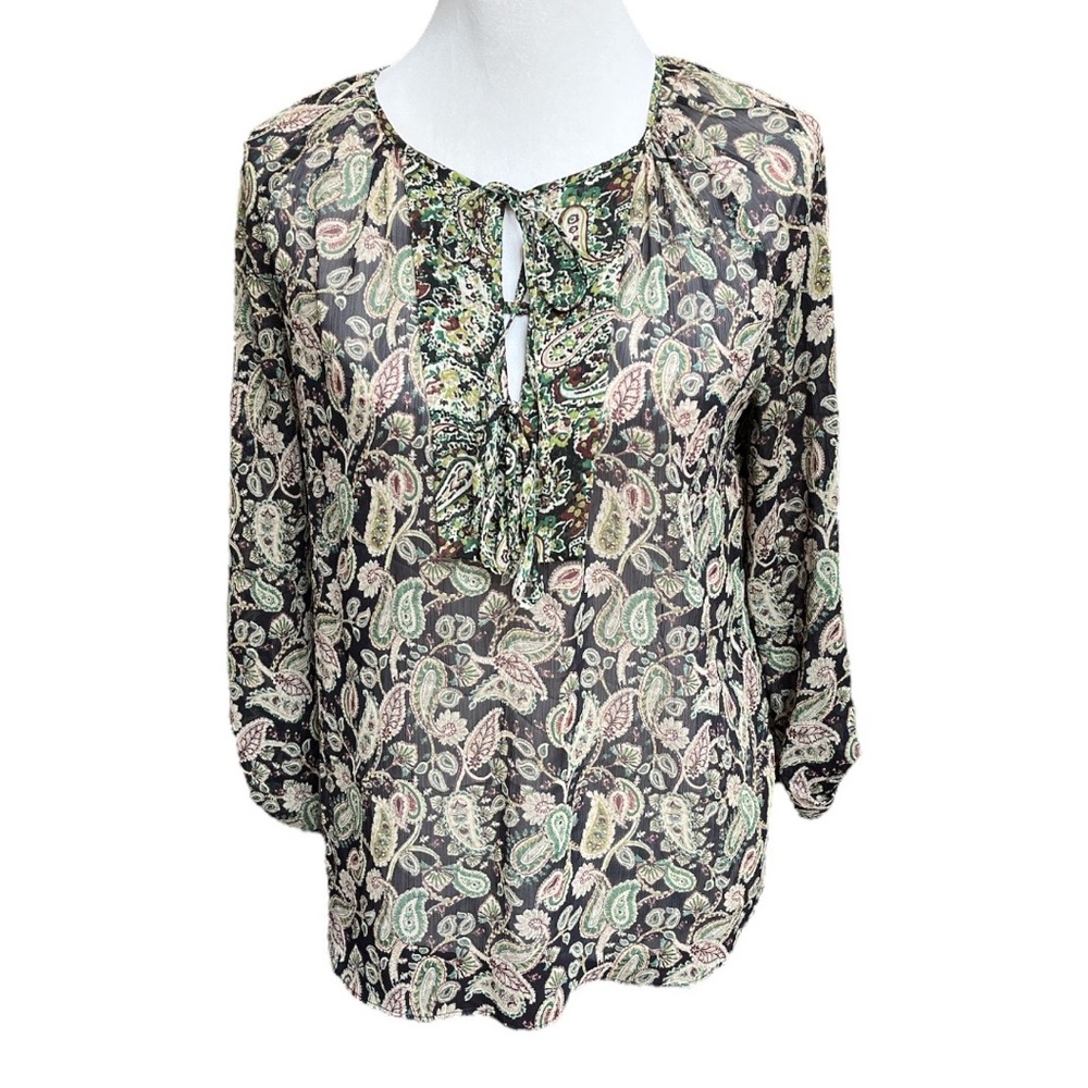 Zara Paisley Boho Tunic Sheer Blouse Black Green Red Size XSmall